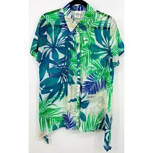 Jaclyn Smith Women Shirt Size Large Green Tropical Button Front Pointed Collar